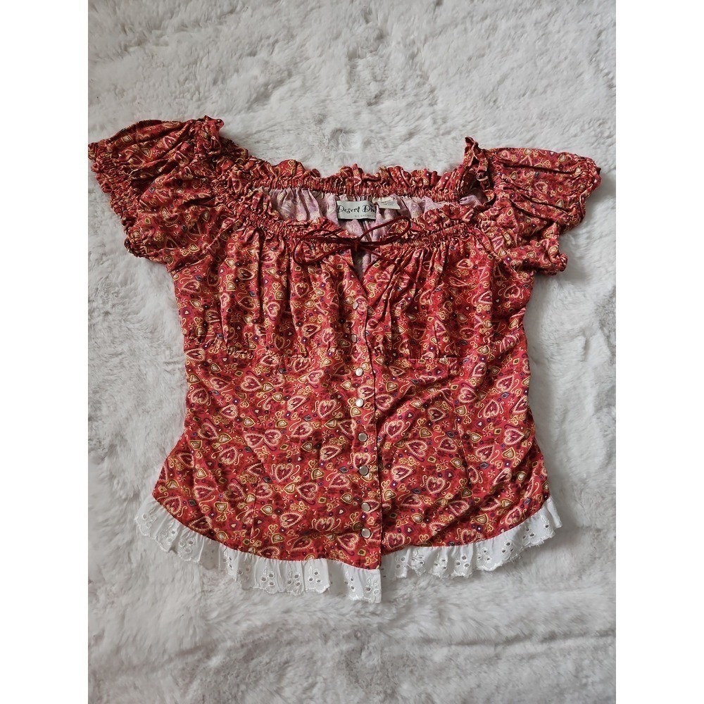 Vtg 90s Desert Diva by Sherry Holt Red Paisley Peasant Top L Western Cottagecore
